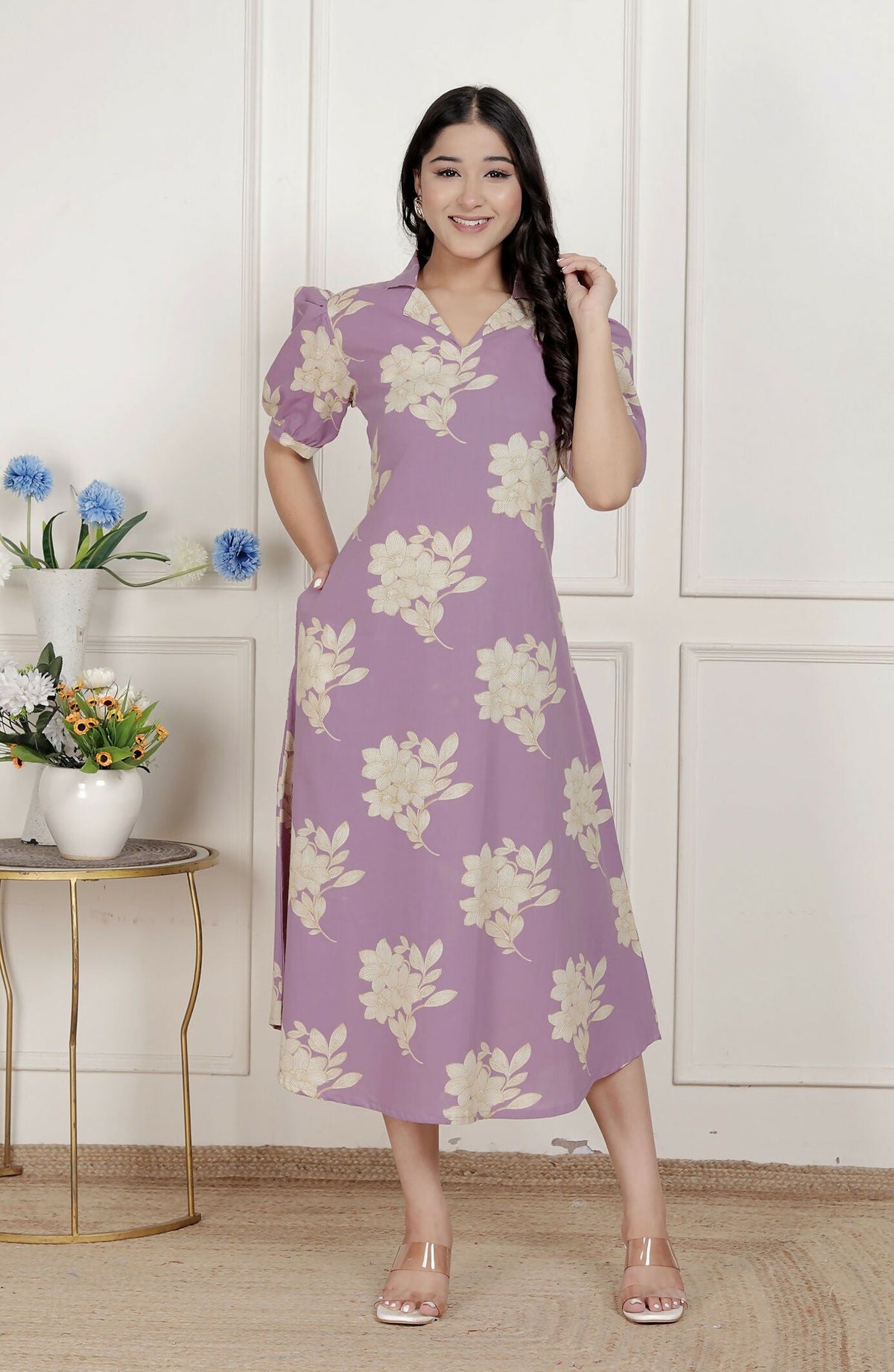 Miravan Womens Lavender Floral Printed A-Line Maxi Dress | Grocsy