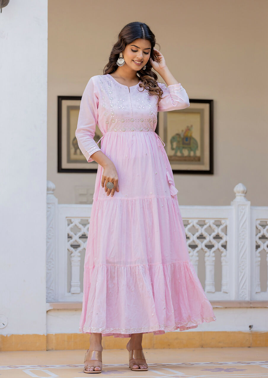 Kaajh Women's Light Pink Embroidered Ethnic Dress | Grocsy