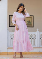 Kaajh Women's Light Pink Embroidered Ethnic Dress | Grocsy