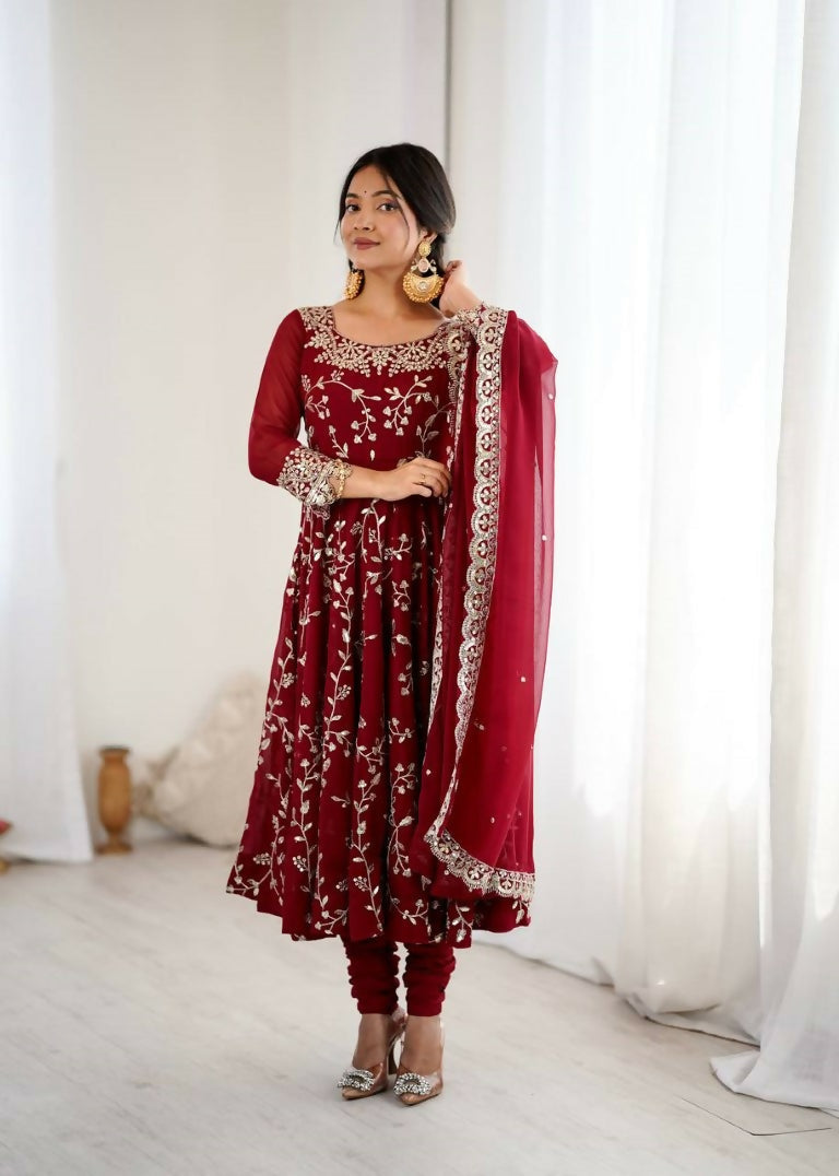Teeya Creation Maroon Color Heavy Faux Georgette Embroidery Work Gown | Grocsy