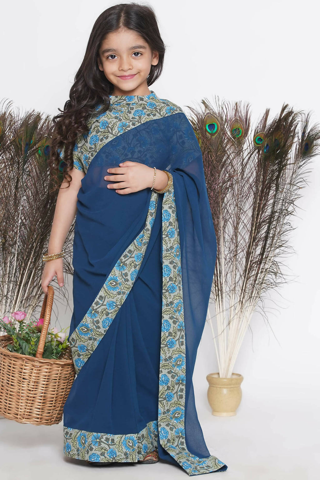 Little Bansi Floral Print Ready To Wear Saree And Floral Blouse - Blue | Grocsy