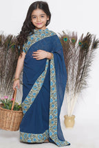 Little Bansi Floral Print Ready To Wear Saree And Floral Blouse - Blue | Grocsy