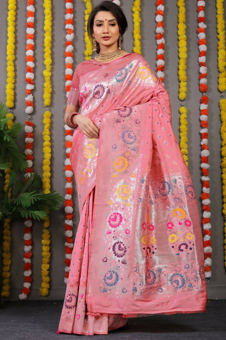 Jyoti Fashion Women's Baby Pink Banarasi Silk Zari Woven Saree with Blouse | Grocsy