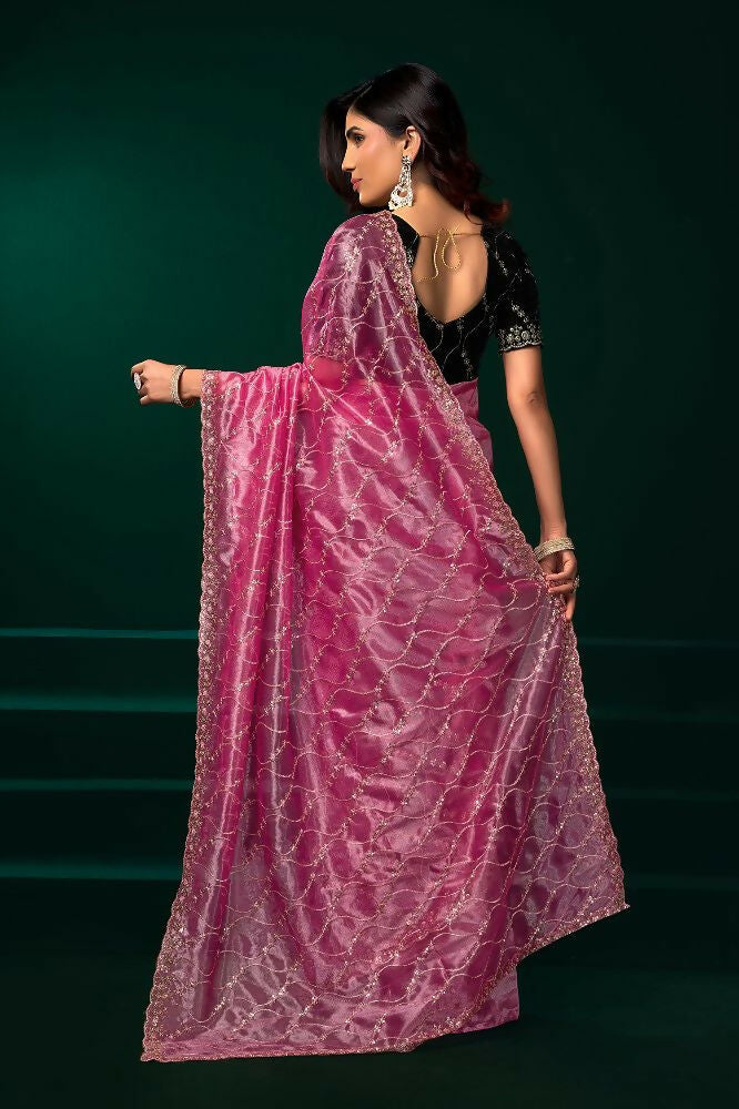 Joban Fashion Pink Net Party Wear Sarees | Grocsy