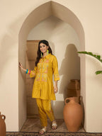Joban Fashion Women Mustard Roman Silk Embroidered Stitched Kurta Set | Grocsy