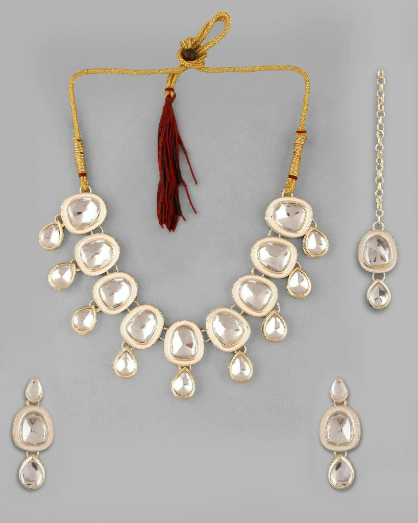 VOJ Kundan Studded Silver Plated White Color Jewellery Set with MaangTikka | Grocsy