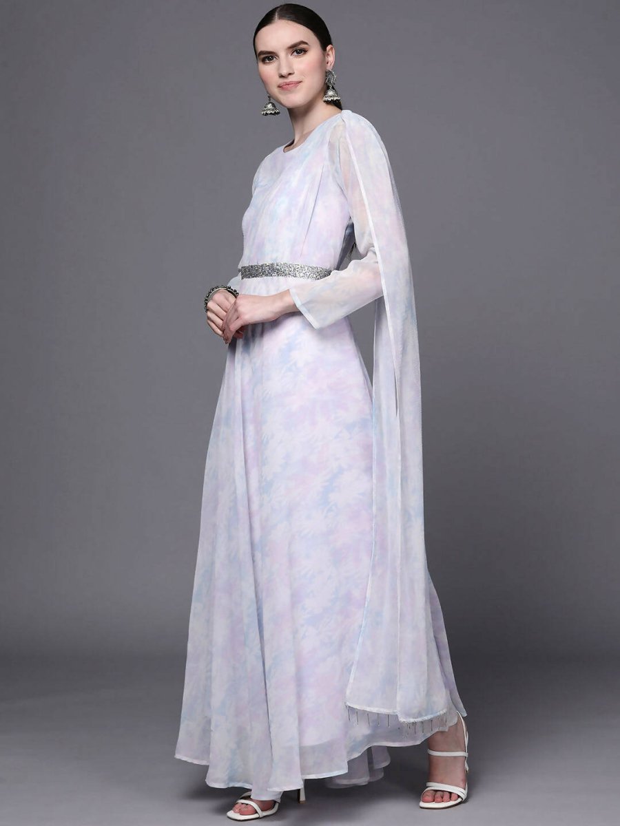Ahalyaa Women Blue & White Floral Fit & Flare Maxi Ethnic Dress | Grocsy