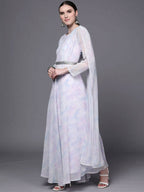 Ahalyaa Women Blue & White Floral Fit & Flare Maxi Ethnic Dress | Grocsy