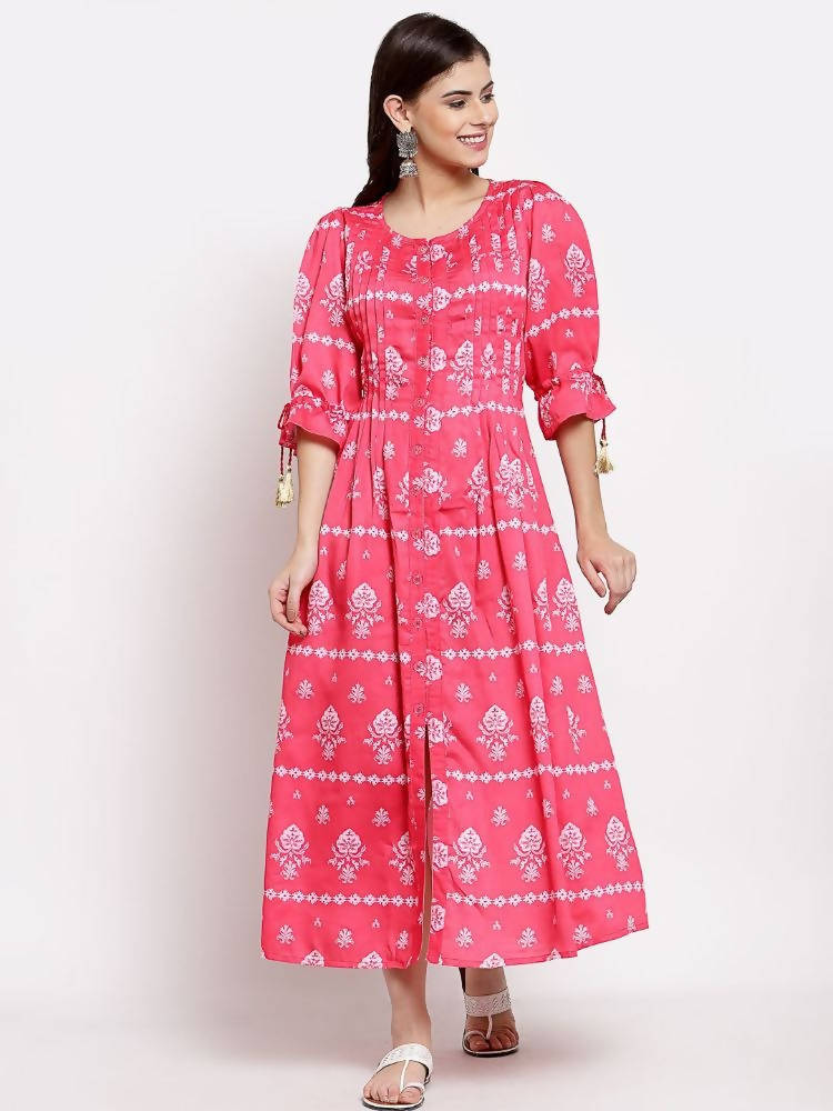 Myshka Women's Pink Cotton Printed 3/4 Sleeve Round Neck Casual Dress | Grocsy