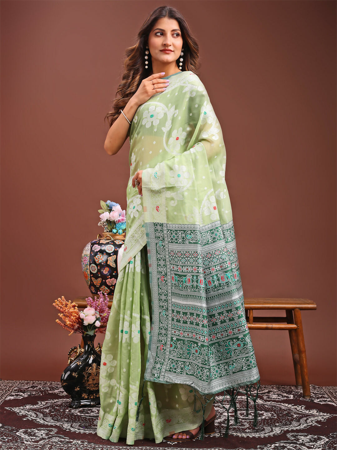 Shree Shyam Fashion Anaya Light Green Linen Cotton Saree | Grocsy