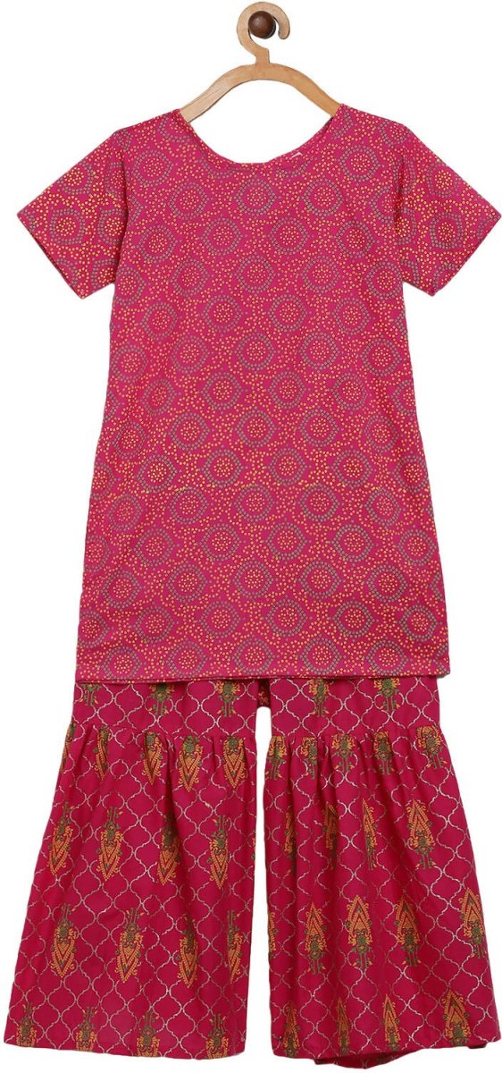 Ahalyaa Magenta Cotton Printed Kids Kurta Sharara Set With Dupatta For Girls | Grocsy