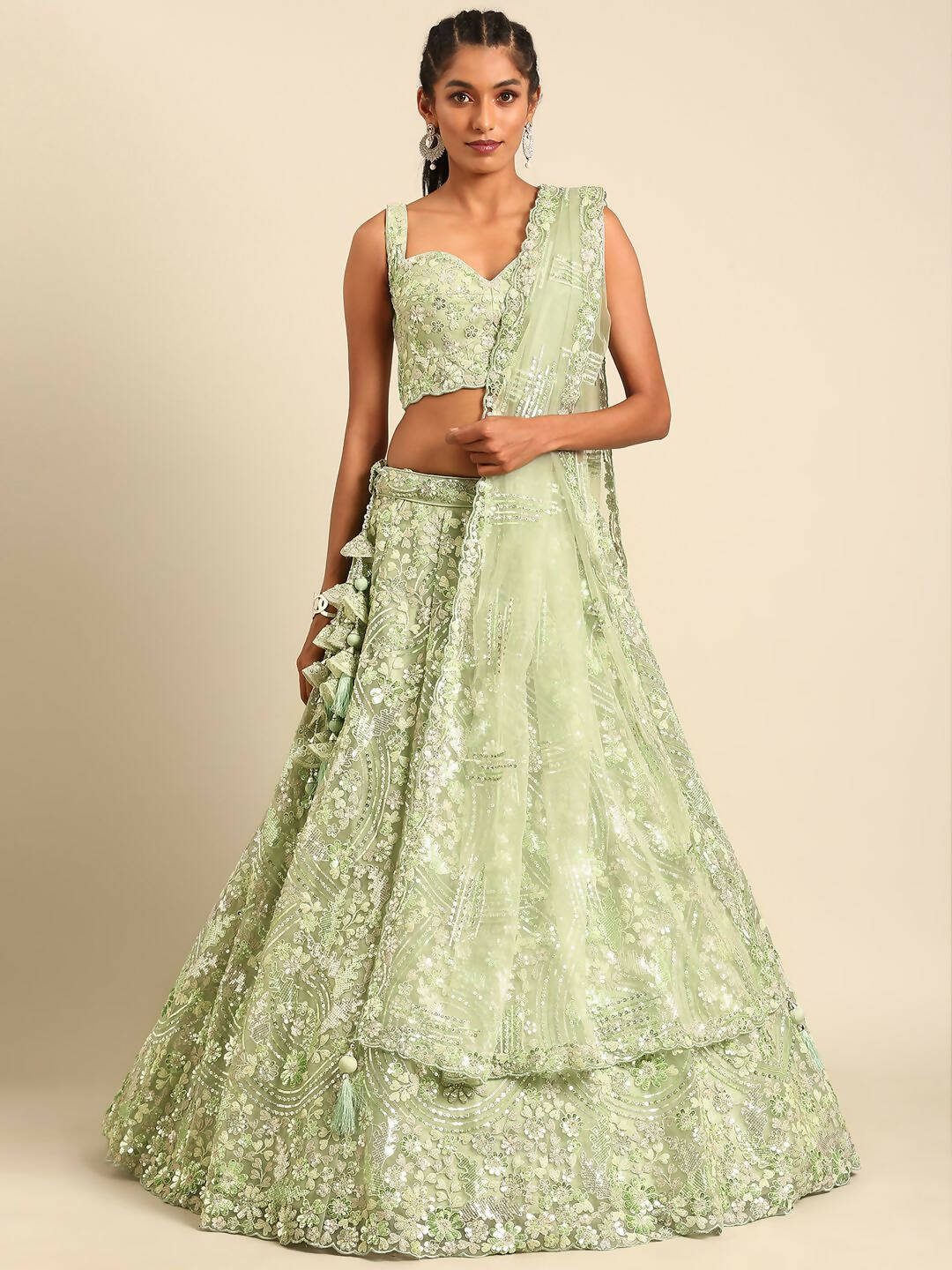 House of Panchhi Lime Green Net Sequins and Zarkan embroidery Lehenga choli & Dupatta | Grocsy