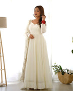 Teeya Creation White Color Pure Roman Silk Chanderi Party Wear Fully Stitched Gown | Grocsy