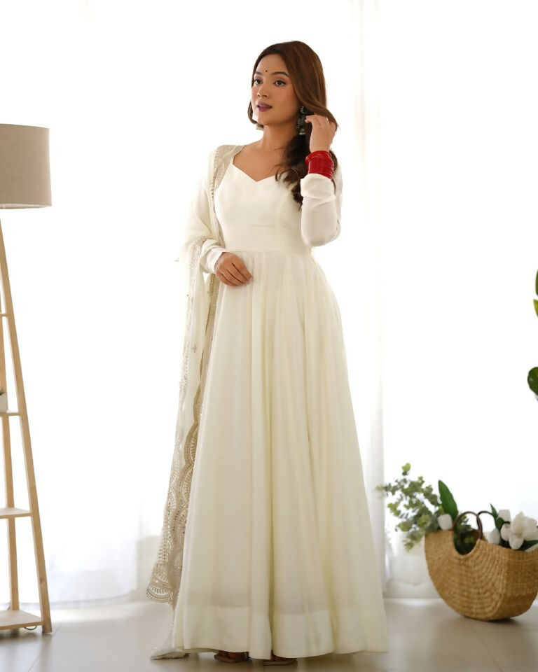 Teeya Creation White Color Pure Roman Silk Chanderi Party Wear Fully Stitched Gown | Grocsy
