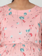Manet Three Fourth Maternity Dress Floral Print With Concealed Zipper Nursing Access - Peach | Grocsy