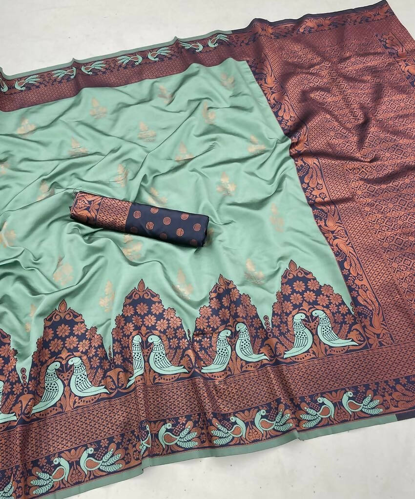 DEIANA'S Beautiful Designer Golden zari Soft Lichi Silk Saree - Sky | Grocsy