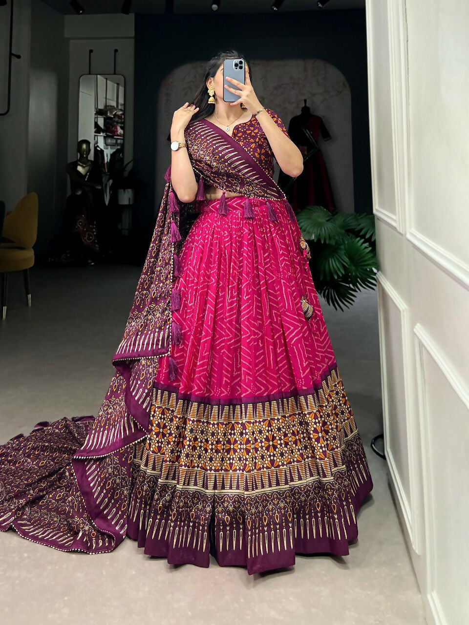 Vastranavya Bandhej And Ajarakh Print Tussar Silk Lehenga Choli - Pink | Grocsy