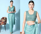 Sea Green Imported Crush Lycra Texture Pattern Ready to Wear Saree with stitched Blouse - Nirvana | Grocsy