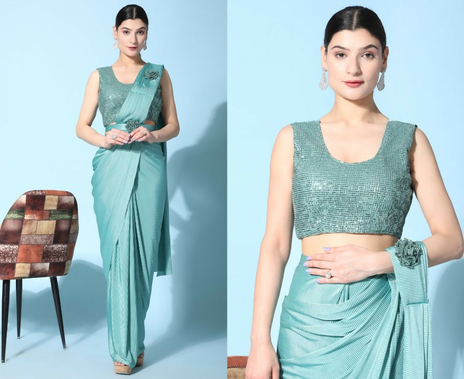 Sea Green Imported Crush Lycra Texture Pattern Ready to Wear Saree with stitched Blouse - Nirvana | Grocsy