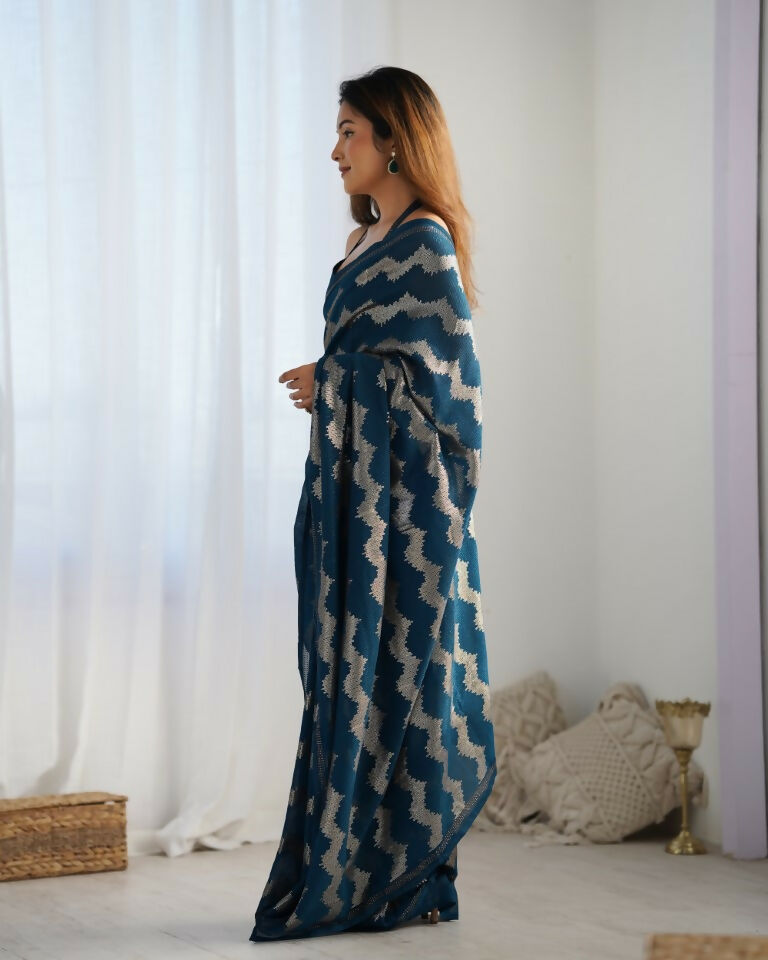 Petrol Georgette Sequance Embroidery Work Border Saree - Sitare | Grocsy