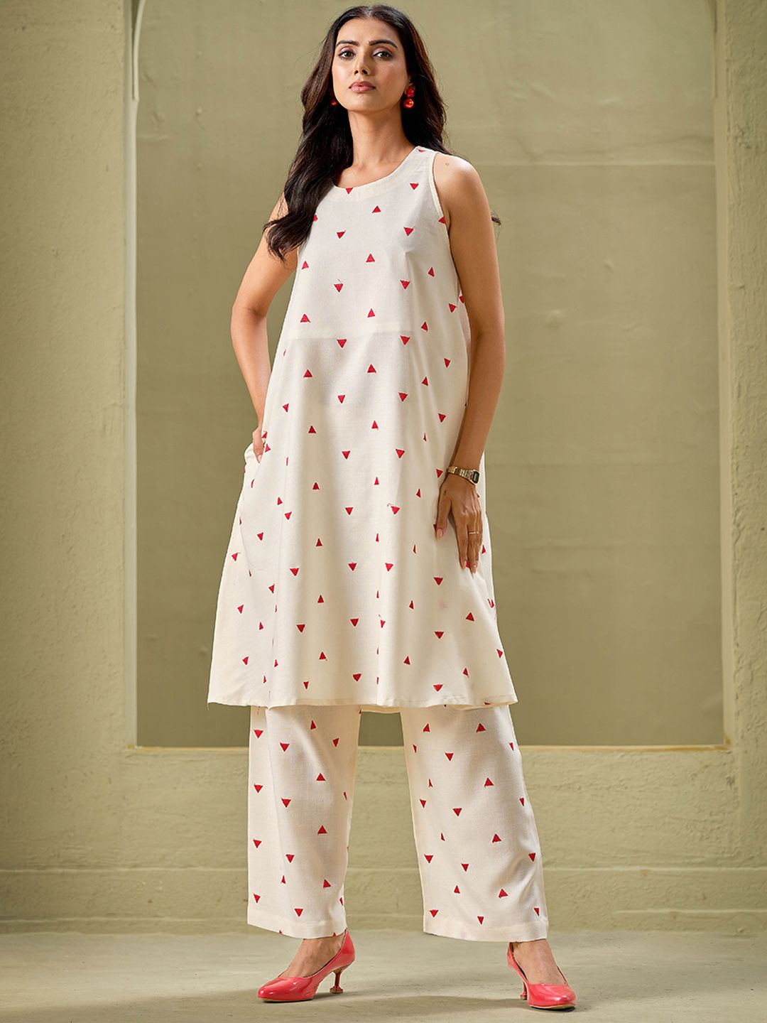 Sangria Off White Geometric Printed Round Neck A-Line Pure Cotton Kurta With Palazzos | Grocsy