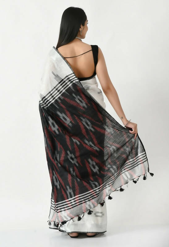 Mominos Fashion Moeza White & Black Bhagalpuri Handloom Ikat Pure Cotton Saree with unstitched Blouse piece | Grocsy