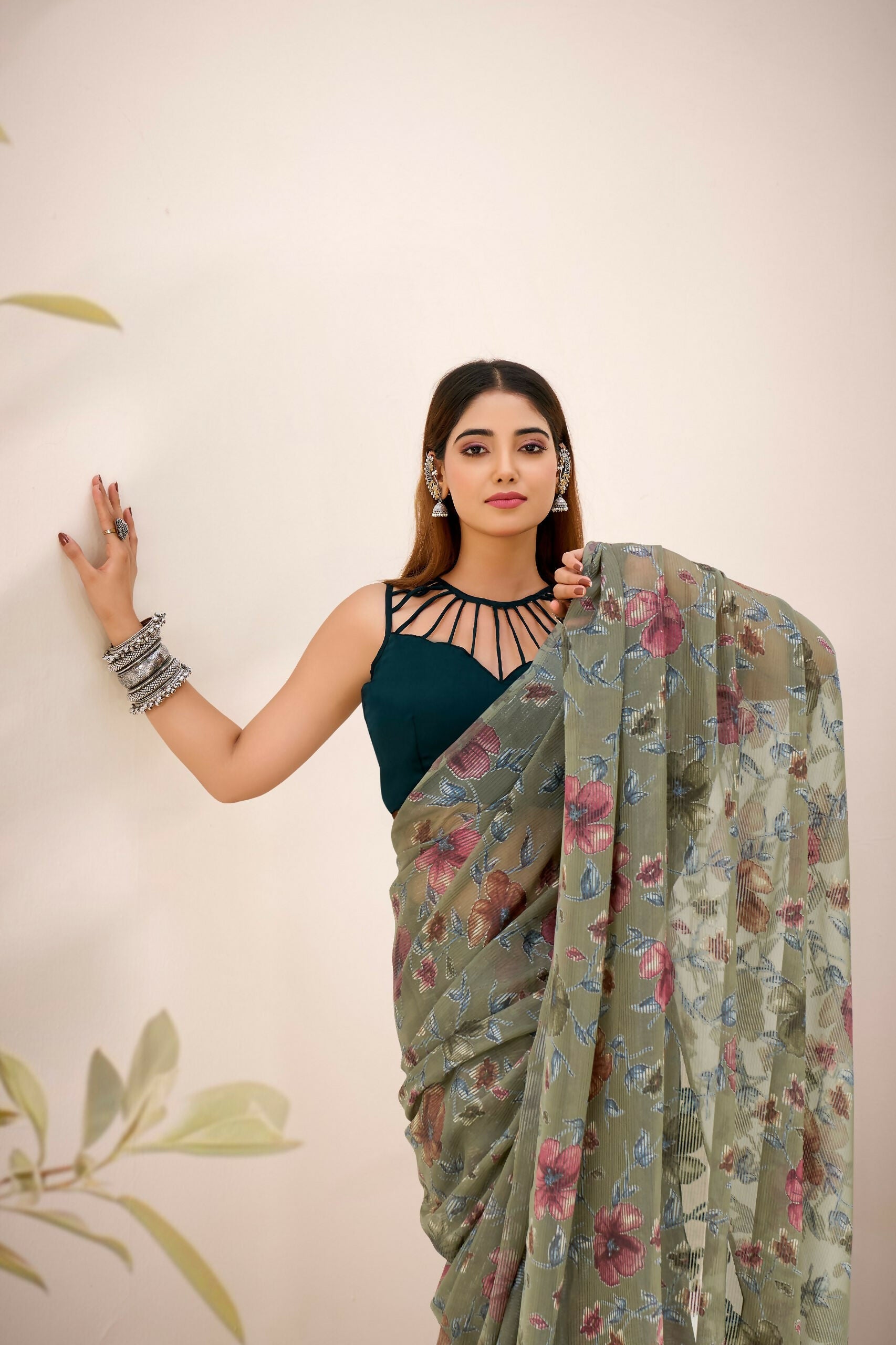 Vastranavya Mehendi Lurex Brasso Floral Printed Saree with Unstitched Blouse | Grocsy