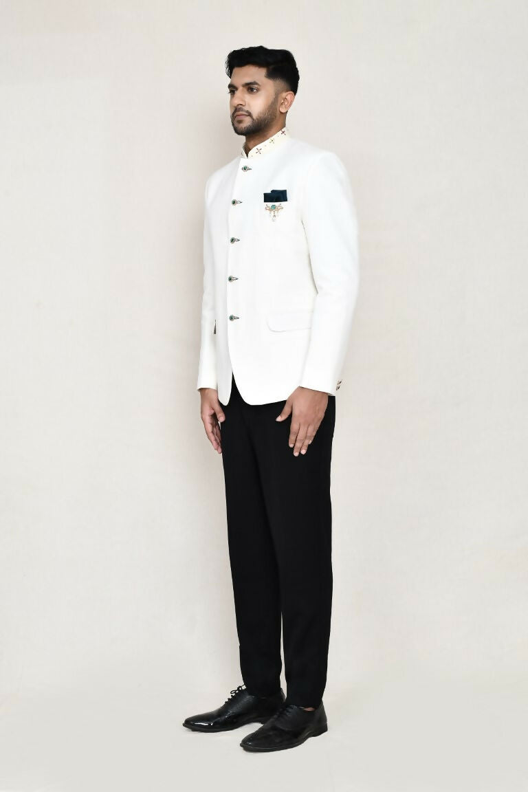 Joban Fashion White Colored Cotton Linen With Neck Embroidery Work Fabric Prince Coat, Pocket Square With Pant | Grocsy