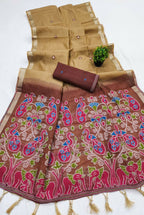 Vastranavya Cream Muga Cotton Meenakari & Azarakh Pallu Saree with Contrast Blouse | Grocsy