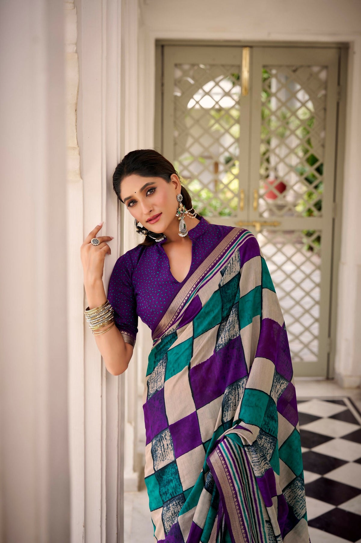 Vastranavya Purple Viscose Chanderi Printed with Temple Border Saree & Unstitched Blouse | Grocsy