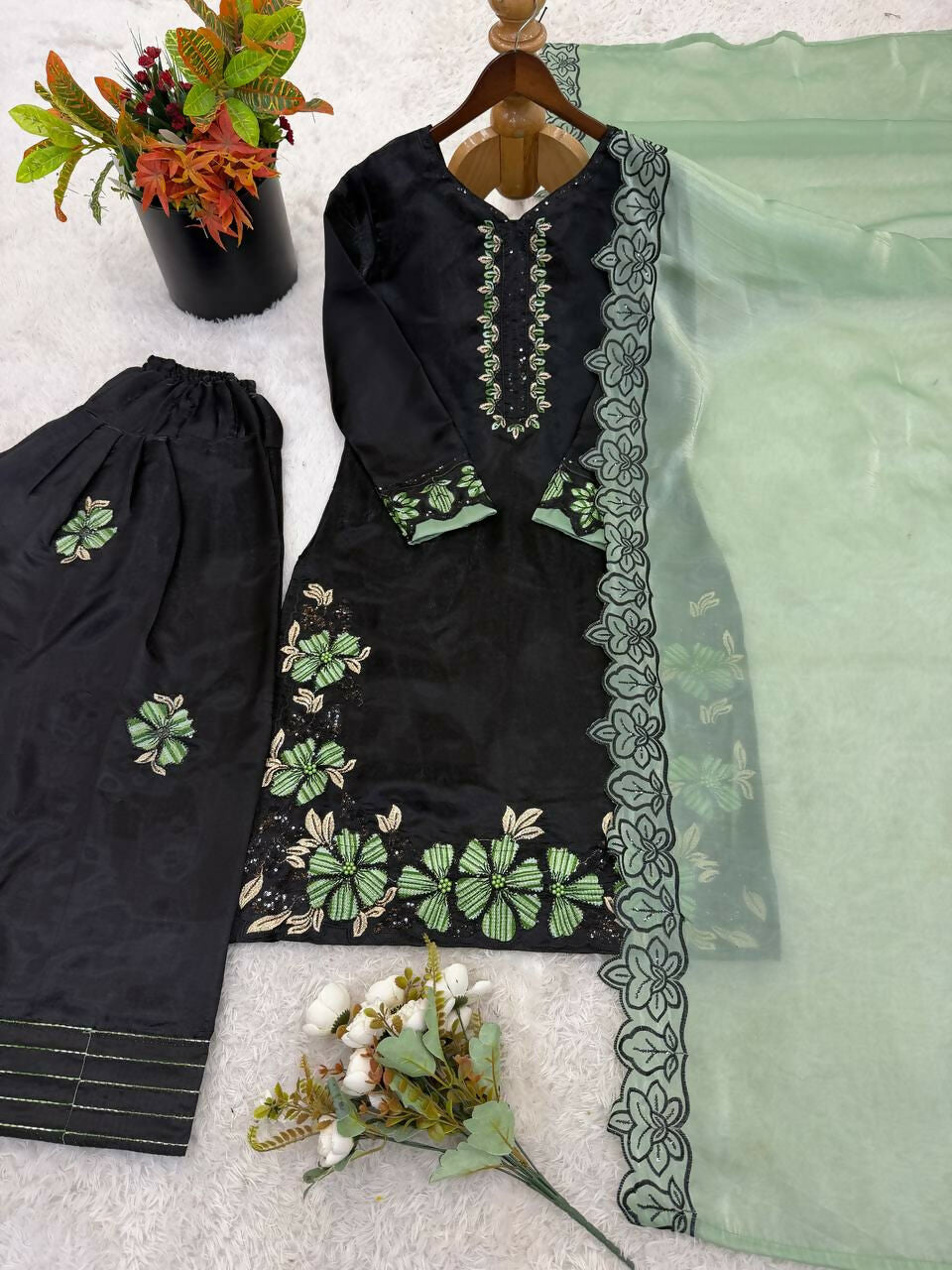 Teeya Creation Women's Fancy Stylish Heavy Embroidery Sequence Work With Rivet Moti Work Green Kurta Set | Grocsy