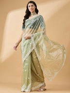 Green Organza Sequence Embroidered Saree with Unstitched Blouse - Satya | Grocsy