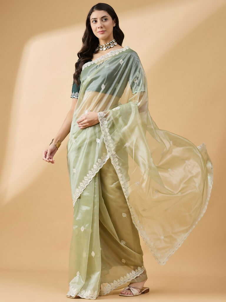 Green Organza Sequence Embroidered Saree with Unstitched Blouse - Satya | Grocsy