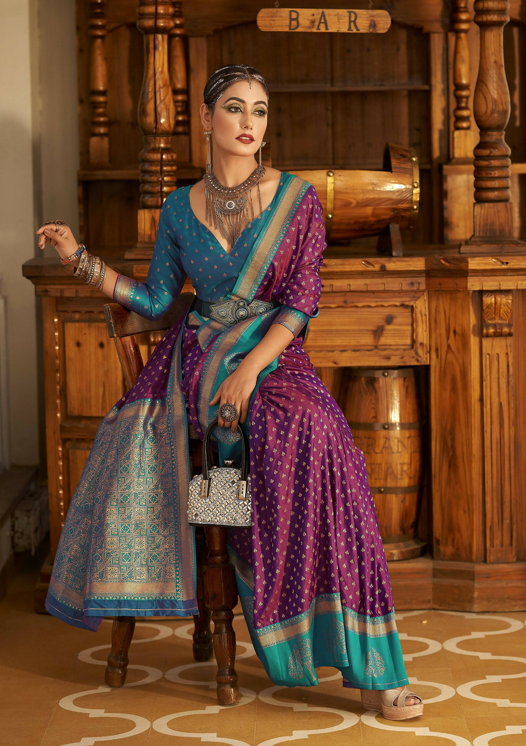 Purple Soft Banarasi Paithani Copper Zari Weaving Saree With Unstitched Blouse Piece - Jodha | Grocsy