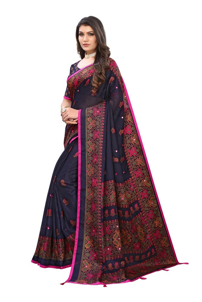 Vamika Blue Color Jute Silk Mirror Work Saree | Grocsy