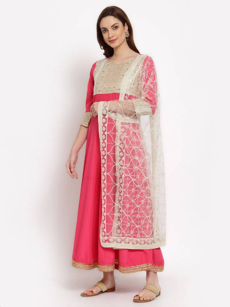 Myshka Women's Pink Solid Rayon 3/4 Sleeve Round Neck Casual Anarkali Kurta Dupatta Set | Grocsy