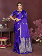 Joban Fashion Indigo Blue Floral Banarasi Silk Sarees | Grocsy