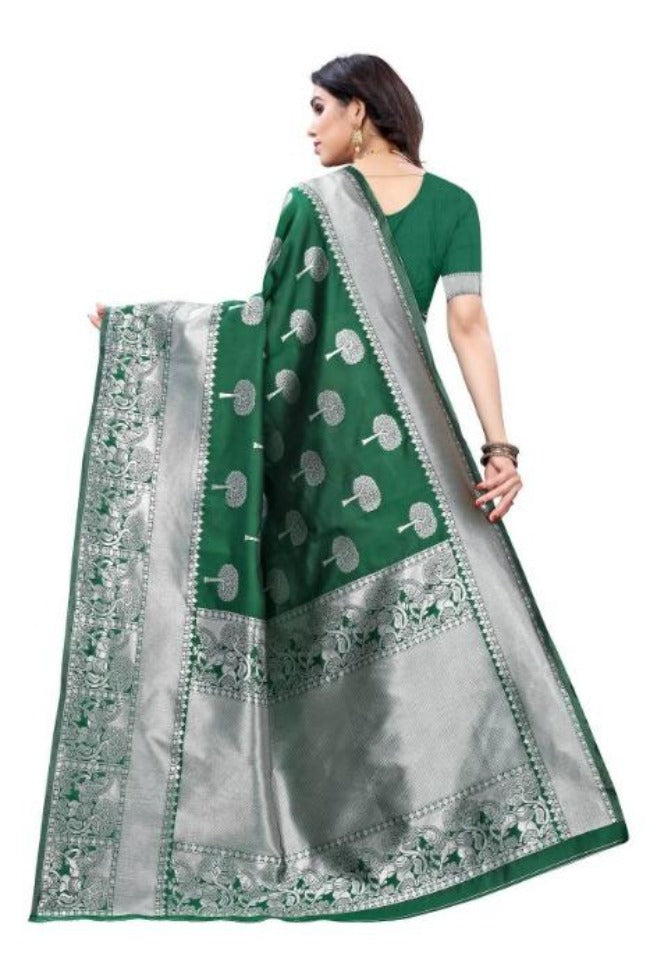 Vamika Banarasi Jacquard Weaving Green Saree (AMEE GREEN) | Grocsy