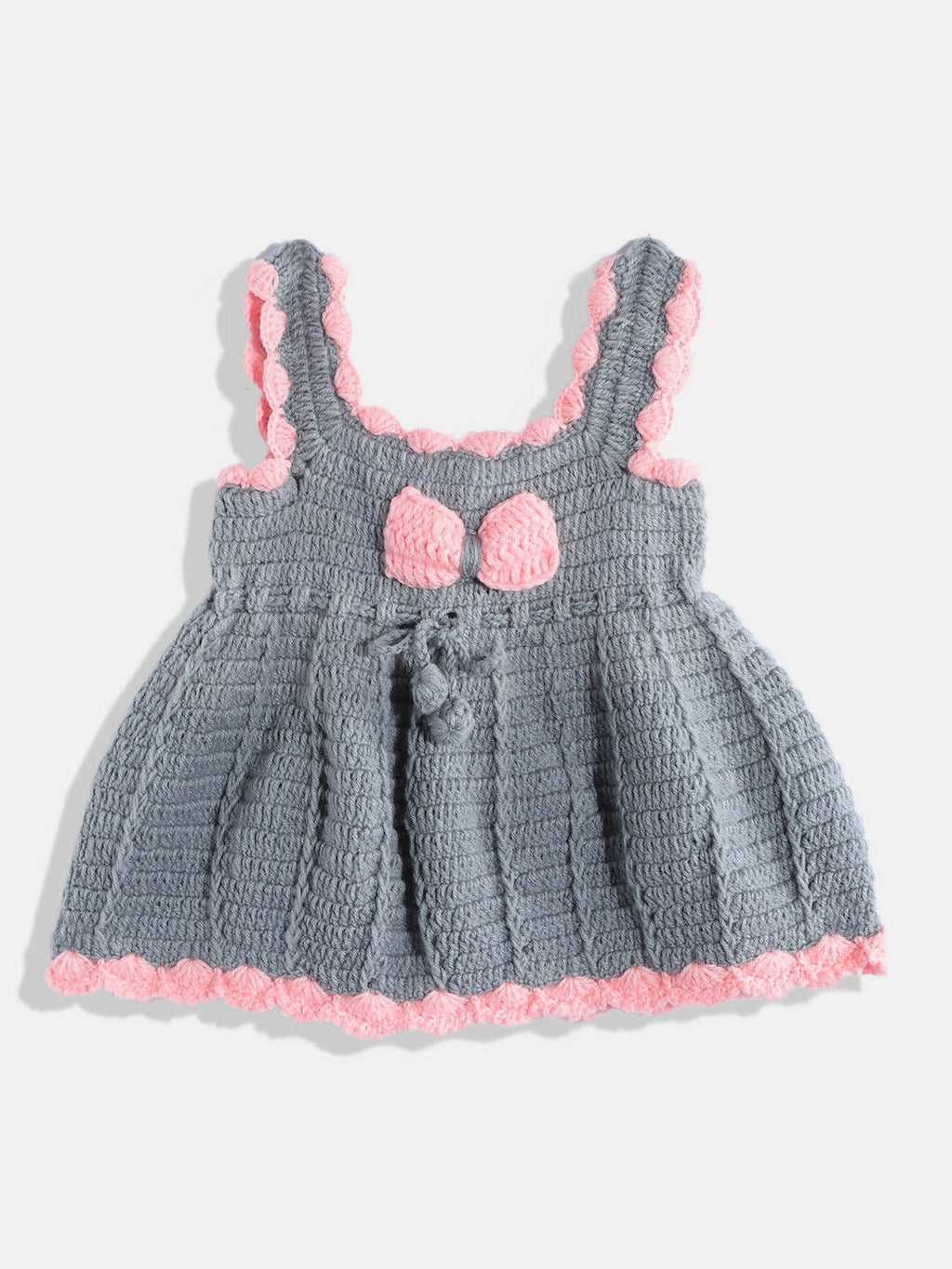 Chutput Kids Woollen Hand Knitted Sleeveless Bow Detail Dress For Baby Girls - Grey | Grocsy