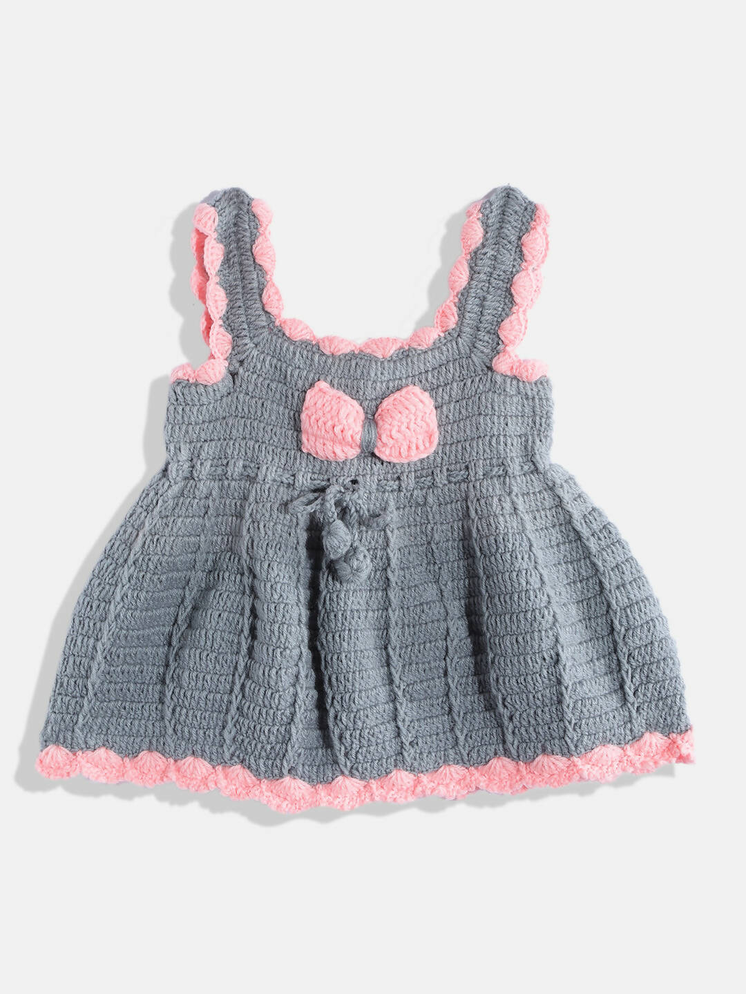 Chutput Kids Woollen Hand Knitted Sleeveless Bow Detail Dress For Baby Girls - Grey | Grocsy