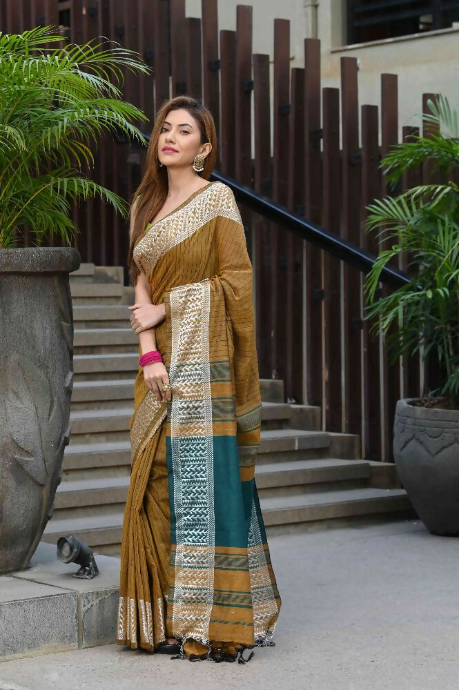 Beatitude Mustard Cotton Jacquard Border Tangail Handloom Saree | Grocsy