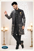 Joban Fashion Men's Black Straight Silk Thread And Sequence Embroidery All Over 3 Pc Kurta Set | Grocsy