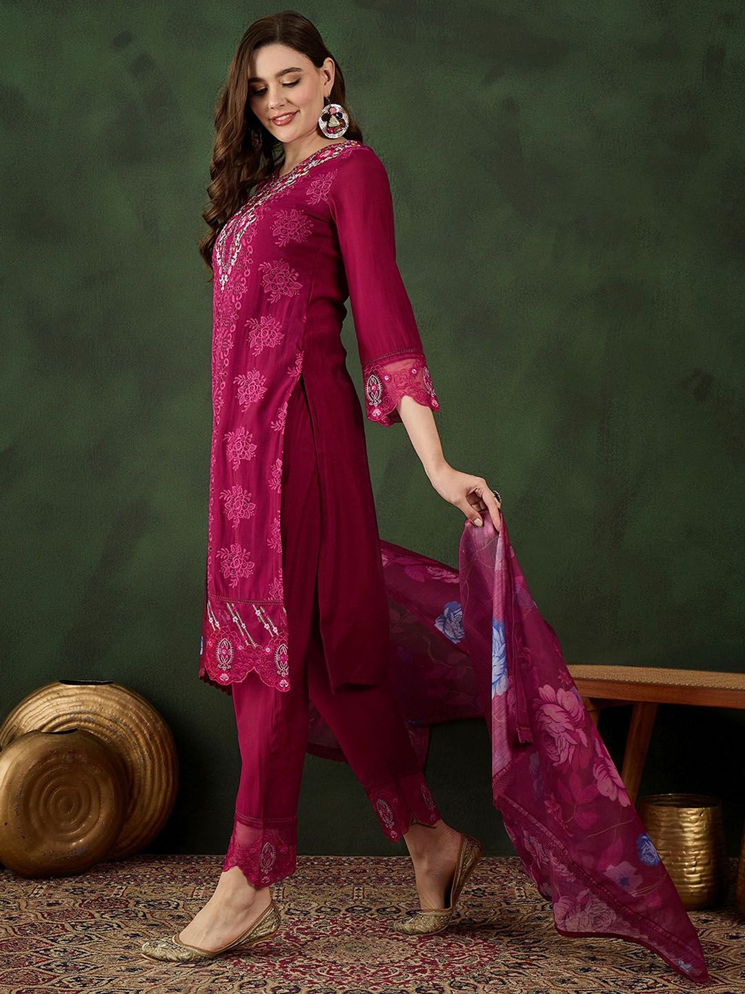 Sangria Embroidered Kurta & Trouser With Dupatta | Grocsy