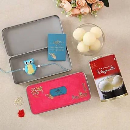 Kids Owl Rakhi & Rasgulla Tin | Grocsy