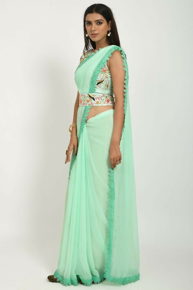PR Fashion Pista Georgette Gpo Lace Saree | Grocsy