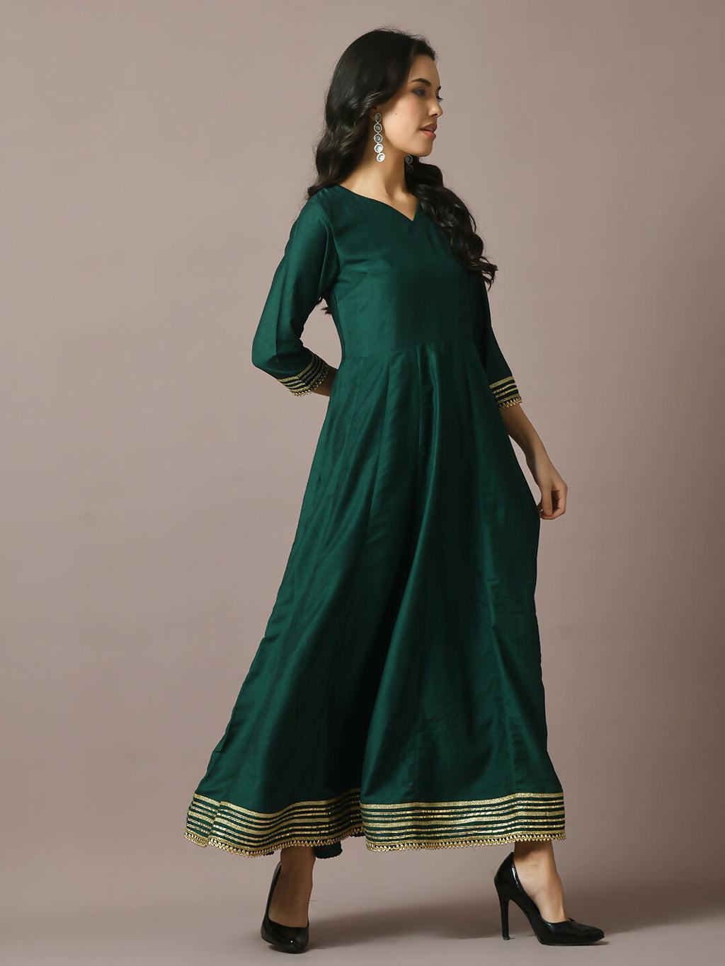 Myshka Women's Green Solid Silk Anarkali Party Kurta | Grocsy