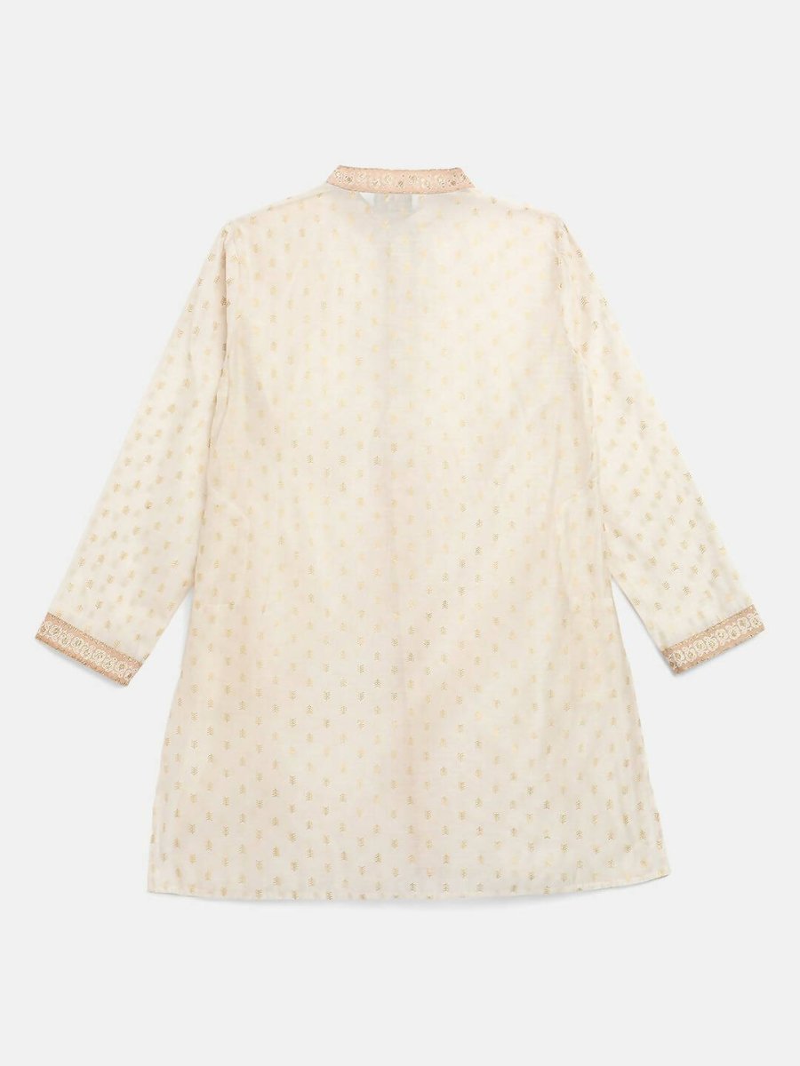 Ahalyaa Cream Chanderi Gold Print Kids Kurta Churidar Set For Boys | Grocsy