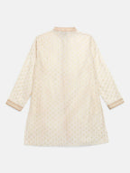 Ahalyaa Cream Chanderi Gold Print Kids Kurta Churidar Set For Boys | Grocsy