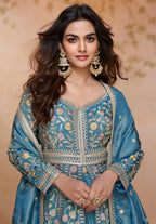 Anaita Blue Shimmer Readymade Suit with Heavy Embroidery & Sequence Work | Grocsy