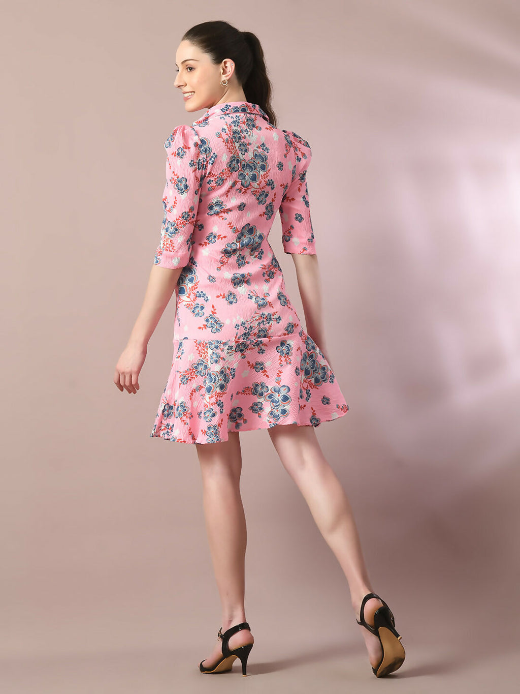 Myshka Women's Pink Printed Shirt Collar Fit and Flare Party Dress | Grocsy